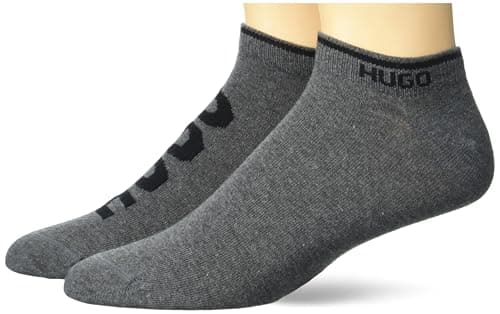 Image of HUGO Men's 2-Pack Logo Combed Cotton Ankle Socks, Soft Melange Grey/Black, 5-13 UK
