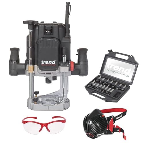 Image of Trend T14 Variable Speed 2300W Workshop Router, 15 Piece 1/2 Inch Router Cutter Set, Dust Mask, Safety Spectacles, T14/START/SET