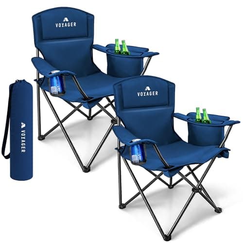 Image of Voyager Folding Camping Chairs 2 Pack with Cooler Bag, Lightweight Q195 Steel Frame, 600D Oxford Fabric, Portable & Comfortable - Navy