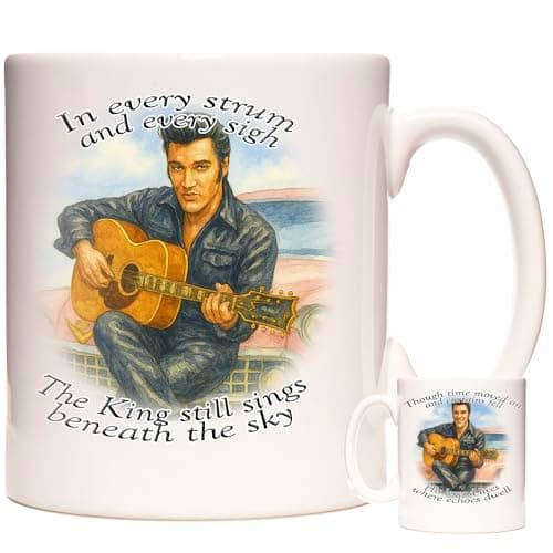 Image of KAZMUGZ The King Tribute Mug – 11oz Ceramic Coffee Cup with Dual-Sided Artwork & Verses | Rock ’n’ Roll Gift for Fans of The King | Vintage Guitar & Cadillac Design | Music Lover’s Keepsake