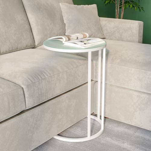 Image of URBNLIVING Round Modern C-Shaped Side End Table Chrome Legs Frame and Glass Top, Snack Books Side Table (White Legs & White Glass Top)