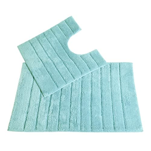 Image of Allure Ribbed Design 2 Piece Bath and Pedestal Toilet Mat Set, 100% Cotton (Duck Egg)