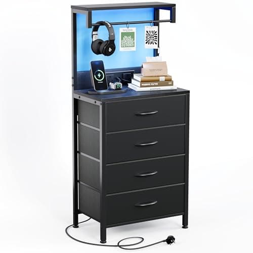 Image of MUTUN Bedside Table with Charging Station, Bedside Cabinet with LED Light, Nightstand with Wood Shelf, 4 Fabric Drawers Side Table for Bedroom, Black