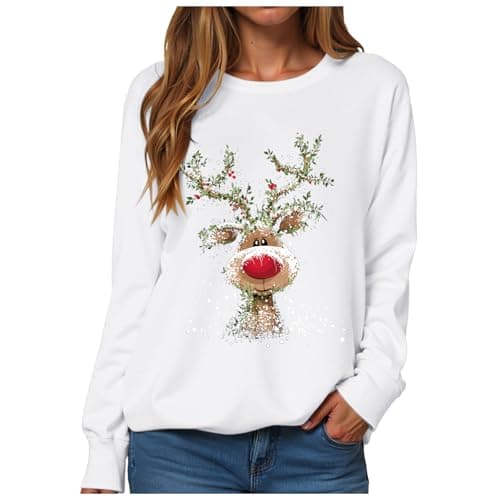 Image of SHINEHUA Christmas Sweatshirts for Women Uk Funny Graphic Reindeer Santa Xmas Jumper Sweatshirt Crew Neck Long Sleeve Xmas Pullover Tops Blouse Christmas Shirt Ladies UK (White-ba, L)