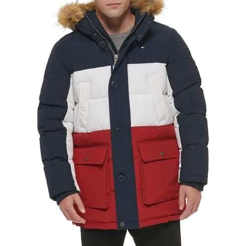 Image of Tommy Hilfiger Men's Arctic Cloth Heavyweight Performance Parka Down Alternative Fur Lined Hood Outerwear Coat, Navy/White/Red, XXL