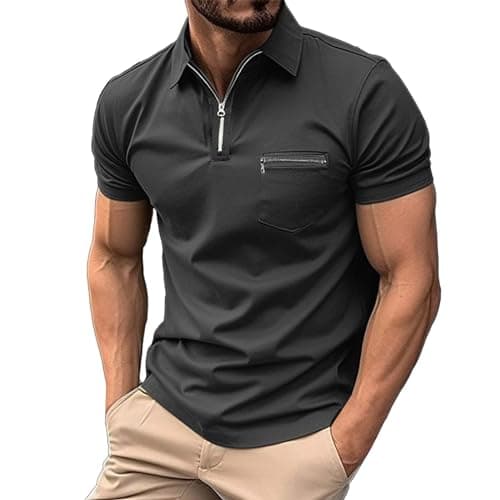 Image of Gym Shirts Men, Short Sleeve Polo Shirts Easy Dry Fit Summer Loose Casual Golf T Shirt Zip Up Polo Tshirt with Front Pocket Stretch Muscle Sports T-Shirt Moisture Wicking Summer Workwear Black