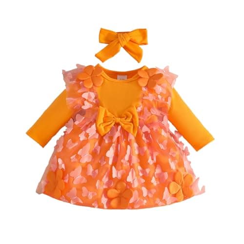 Image of Girls Party Dresses Toddler Girls Holiday Party Dress with Floral Applique Long Sleeve Tutu Set and Headband for Occasions (Orange, 0-3 Months)