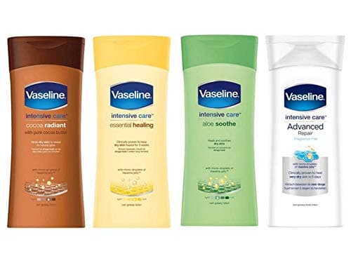 Image of Vaseline Intensive Care Set - 4 x 200ml Non Greasy Body Lotion Bundle. Cocoa Radiant, Essential Healing, Aloe Soothe and Advanced Repair. Heals Dry Skin from the World's Best Hand & Body Care Brand