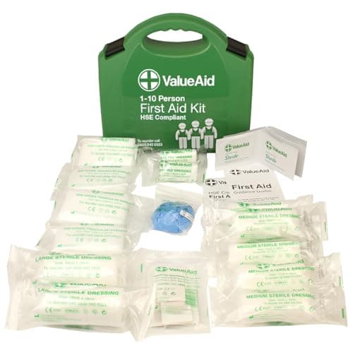 Image of Value Aid HSE Compliant First Aid Kit for Workplace, Home & Car - CE Marked Contents, Double-Clasp Case with Handle - Complete Set for 1-10 People Includes Plasters, Bandages & Medical Supplies