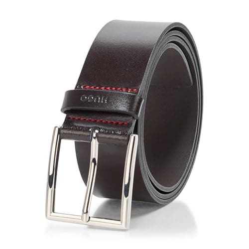 Image of HUGO Men's Giaspo Polished Silver Buckle Leather Belt, Cappuccino Brown, 34