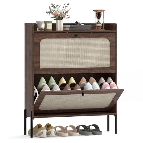 Image of HOMCOM Narrow Shoe Cabinet, Boho Shoe Storage Cabinet with 2 Flip Drawers, Adjustable Shelves, Raised Tabletop, Rattan Accent for Hallway, Space Saving, Holds 12-16 Pairs, Dark Brown