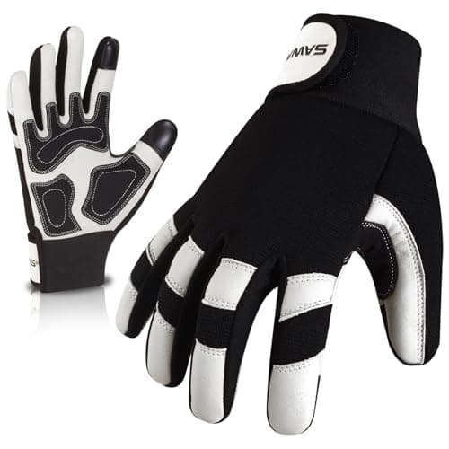 Image of SAWANS Leather Gardening Working Gloves Garden Thorn Proof Breathable Construction Flexible Mechanic for Work Mens Women Utility Safety Gloves Rigger Driving Electrician Multipurpose (White, L)