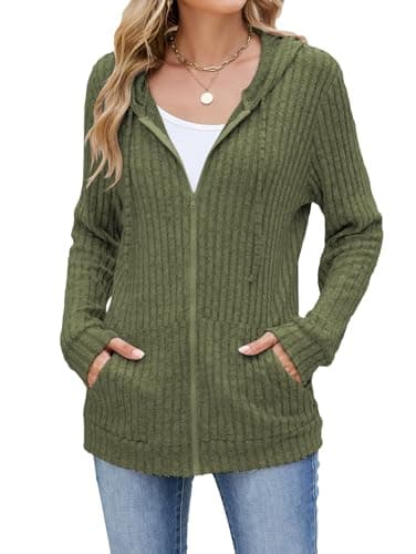 Image of iChunhua Ladies Ribbed Tops Casual Zip up Hoodies Hooded Cardigans Lightweight Jacket with Pockets (Army Green, Large)