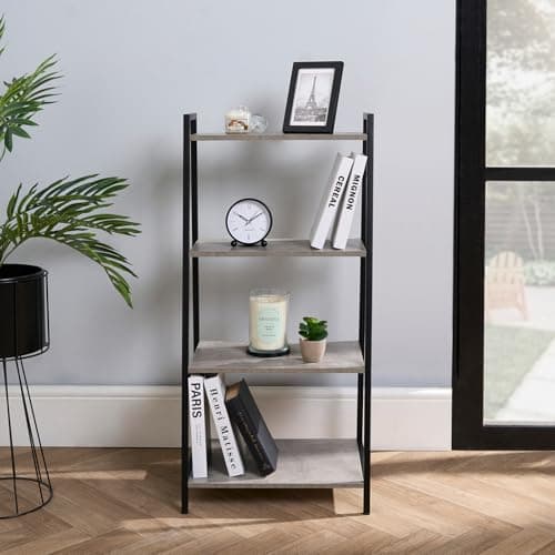 Image of OHS 4 Tier Shelving Unit, Storage Standing Shelves Industrial Wide Storage Bookcase Wood Ladder Shelf for Office Living Rooms Bathrooms Bedrooms - Grey, 90 x 43 x 30cm