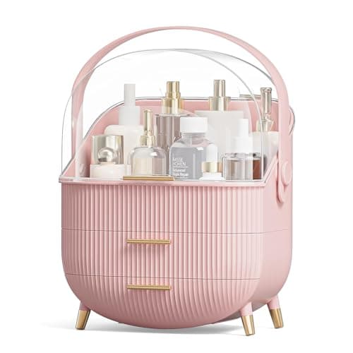 Image of SIOOUI Makeup Organiser, Clear Cover Cosmetic Display Case with 2 Drawers -Waterproof & Dustproof Skincare Organisers for Bathroom Countertop, Bedroom Vanity Desk - Pink