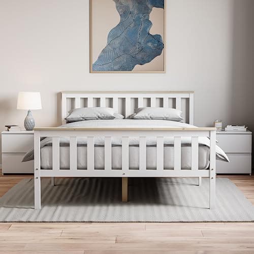 Image of Vida Designs Milan Double High Foot End Bed Frame | White & Pine | 4ft6 | Solid Pine Wood | Under-Bed Storage Space | Easy Assembly | Rustic Design | Bedroom Furniture