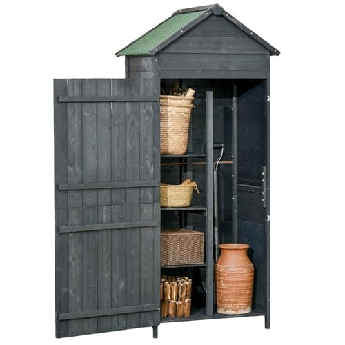 Image of Outsunny Wooden Outdoor Storage Shed with Lockable Double Doors and Shelves, Compact Utility Outdoor Tool Shed, Grey