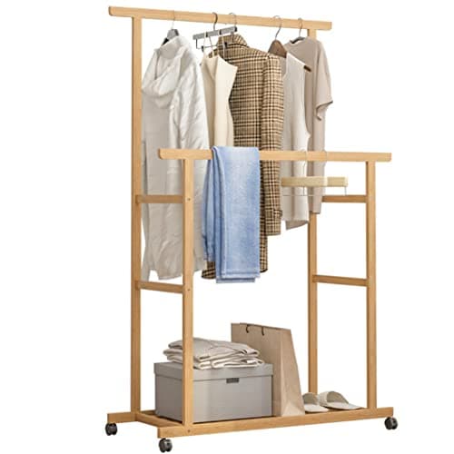 Image of unho Bamboo Clothes Rail Rack: Double Hanging Rails Clothes Rack on Wheels Free Standing Garment Rack with Storage Shelves Coat Rack for Dress Pants Shoes 80x40x160cm