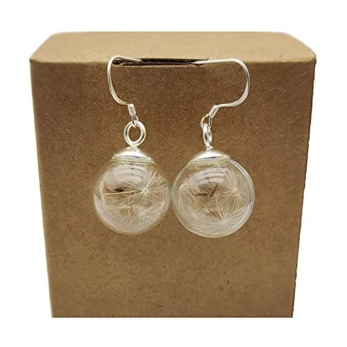Image of Dandelion Real Flower Make a Wish Glass Ball 925 Sterling Silver Drop Dangle Earrings for Women Handmade