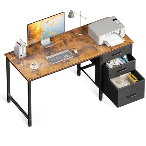 Image of Coleshome Computer Desk with Drawers, 120×48cm Office Desk with Storage, Reversible Small Desks for Home Office, Vintage Brown