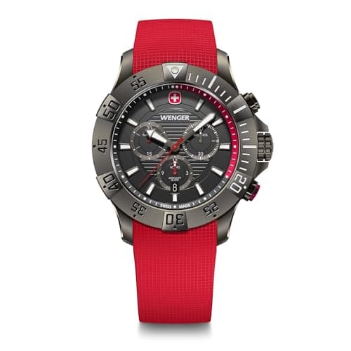 Image of Wenger Men’s Watch Seaforce Chronograph Ø 43 mm, Swiss Made, Analogue Quartz, Water-Resistant up to 200 m, Silicone Strap, Red/Black, 01.0643.128