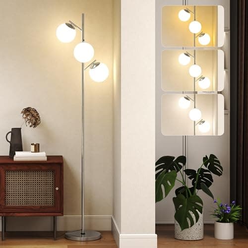 Image of HOMCOM 3-Light Tree Floor Lamps for Living Room, Modern Standing Lamp for Bedroom with Globe Lampshade, 3000K/4000K/6000K Colour Temperatures, Steel Base, Silver Tone