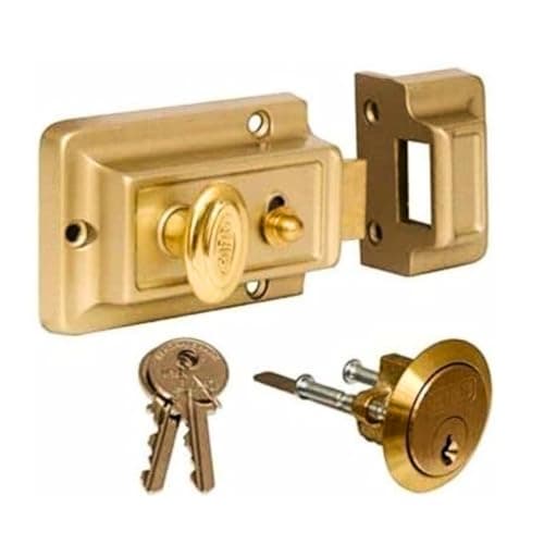 Image of Garden Mile 3 Key Rim Night Latch Door Lock - Polished Brass Gate Lock Extra Security Front Door Lock Latches Fixings Backset Cylinder Safety for Gate, Shed, Latch, Flat Smart