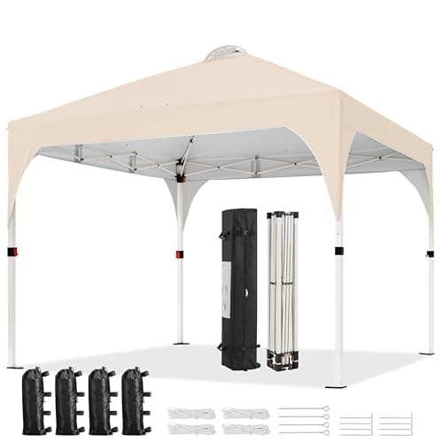 Image of Yaheetech Pop Up Gazebo, 3x3m Garden Instant Shelter Waterproof Garden Patio Canopy with 4 Sandbags, 4 Ropes & 12 Stakes, Wheeled Bag, Metal Frame, Adjustable Height, Top Air Vent, Beige
