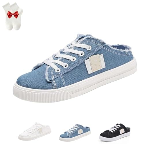 Image of Women's Denim Mule Sneakers, Slip-On Canvas Mules Comfortable Sole Round Toe Lace-Up Backless Trainers(Blue,5.5 UK)