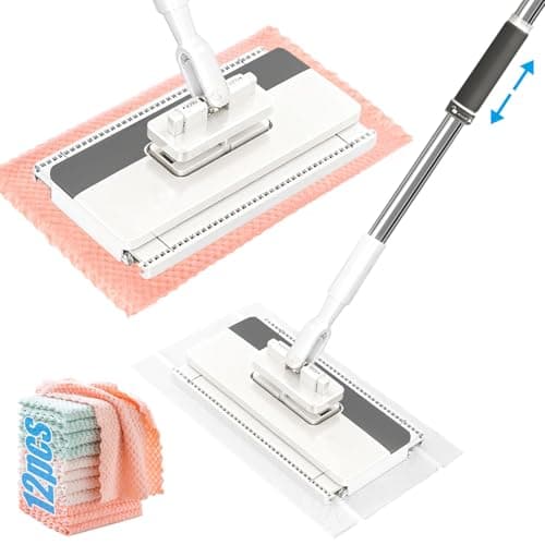 Image of Multifunctional Lazy Mop with One Click Cloth Grip - Hands-Free Flat Mop for Hardwood Tile Floor Cleaning, Long Handle Microfibre Mop for Kitchen, Clip Mop Fits Any Cloth | UK Stock
