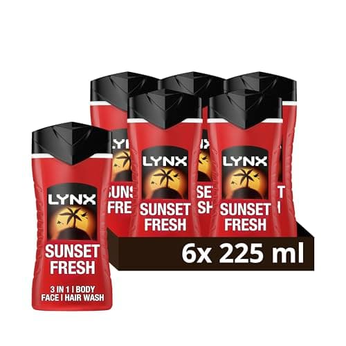 Image of Lynx Sunset Fresh 3-in-1 Body Wash Men's Hair, Face and Body Cleanser with a mango & mandarin scent for all-day freshness 6x 225 ml