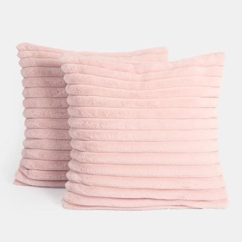 Image of OHS Blush Pink Cushions Ribbed Faux Fur, Decorative Throw Pillows for Sofa Cushions Living Room Lounger Cushion Cover Smooth Soft Comfy Home Decor, Pack of 2 - Pink