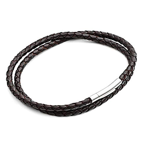 Image of Tribal Steel Unisex Brown Slimline Double Wrap Bracelet - Unisex 19.5cm Plaited Leather Bracelet with Riveted Stainless Steel Rocker Clasp