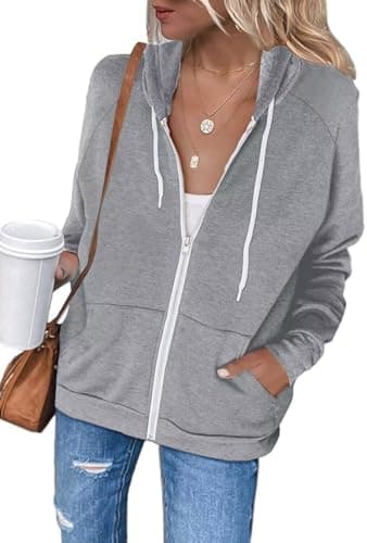 Image of LACOZY Womens Lightweight Zip Up Jackets Long Sleeve Hoodies Sweatshirts with Kangaroo Pockets Grey M