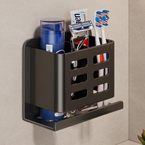 Image of YESENT Black Wall-mounted Toothbrush Holder, Aluminum Material Shower Shaver Storage Rack, No Drilling Required, Removable Toothpaste Storage Rack