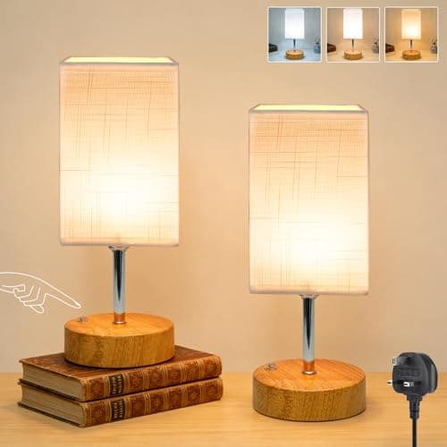 Image of Wudyfei Touch Bedside Lamps Set of 2, Small Dimmable Table Lamp with Wood Grained Base & Fabric Shade, LED Minimalist Bed Side Nightstand Lamp for Bedroom, Living Room, Kids Room, Study, Dorm, Office