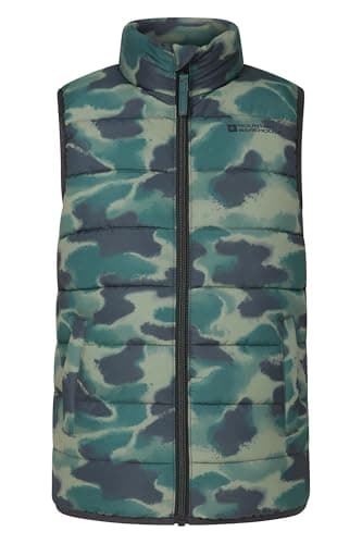 Image of Mountain Warehouse Rocko Kids Printed Padded Gilet - Water Resistant, Microfibre Childrens Jacket, Insulated Vest, Boys & Girls - For Spring Summer Light Khaki (Printed) Kids Size 9-10 Years