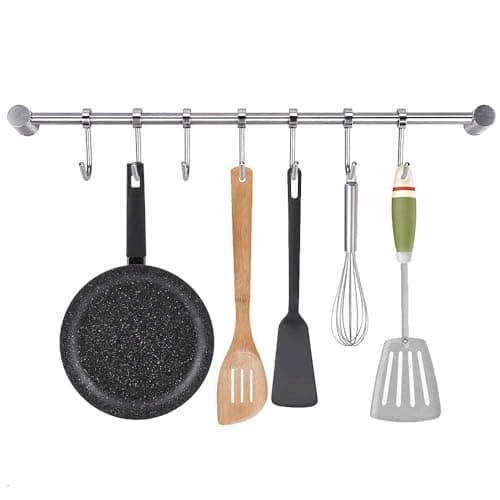 Image of Zythrem Kitchen Utensil Rack Kitchen Hanging Rail Utensil Holder 40cm Wall Mounted Pot Pan Racks Stainless Steel Hanging Kitchen Rail with 7 Removable Hooks Hanger Organizer for Utensil Mugs Spoons