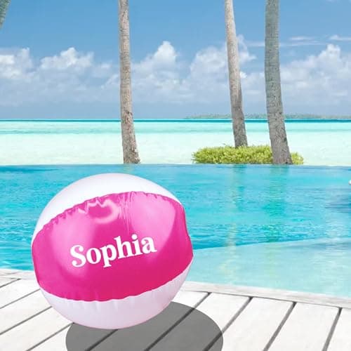Image of eBuyGB Personalised Vinyl 9" Inflatable Pink Beach Ball Pool Party Garden Toy Holiday Abroad Swimming Accessory Beach Gift - Custom Name (Sample)