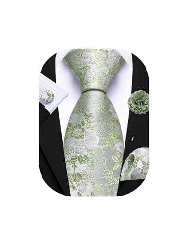 Image of Barry.Wang Sage Green White Tie with Flower Lapel Pin for Men Floral Silk Necktie Pocket Square Cufflinks Set Formal Wedding Party Business