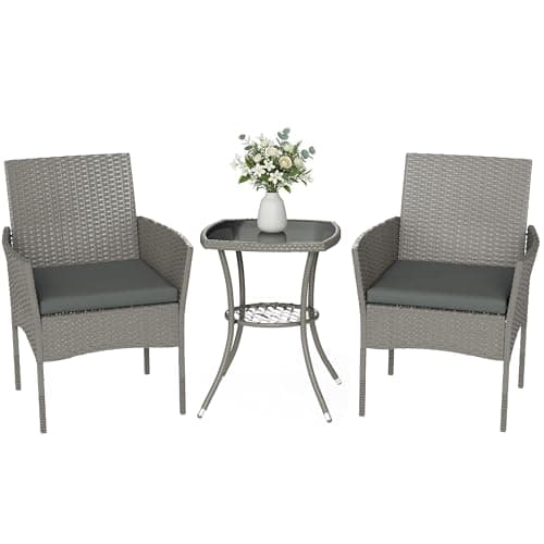 Image of Outsunny 3 Piece Rattan Bistro Set, PE Wicker Garden Furniture Conversation Set, 2 Tier Glass-Top Bistro Table and Chairs for 2 with Cushions for Patio, Balcony, Porch, Dark Grey