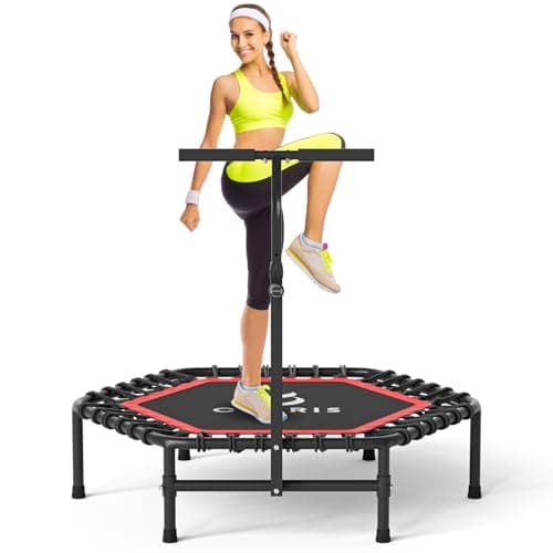Image of CLORIS 45'' Foldable Fitness Trampoline - Max Load 450lbs, Rebounder with Adjustable Foam Handle Indoor/Outdoor Fitness Body Exercise (45'' Red)