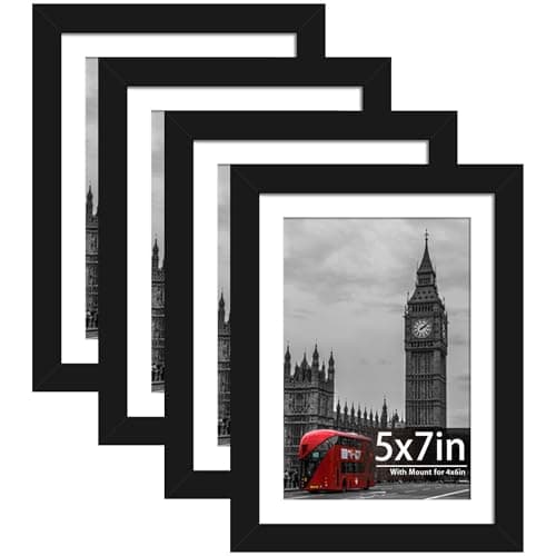 Image of Tinkeps 4 Pack 7x5 Black Picture Frame, Engineered Wood and Plexiglass, 7x5 Frames with Mount for 4x6 inch Prints, Photos, and Posters, Tabletop and Wall Mountable