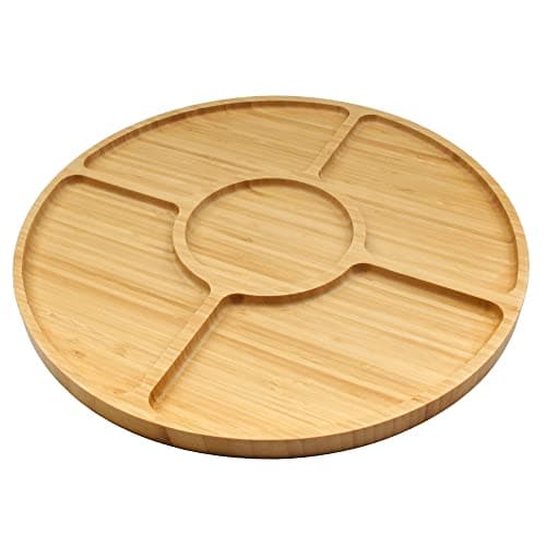 Image of BambooMN Natural 15" Bamboo Round 5 Compartment Serving Tray/Platter, Charcuterie Board, Perfect for Snacks, Party Platter, Appetizers - 10 Pieces