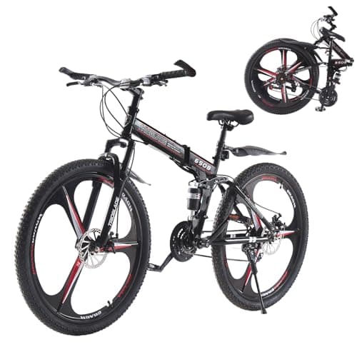 Image of BSTSEL 27.5" inch Folding Mountain Bike 21 Speed Front Suspension Mountain Bike Double Disc Brake Bicycle 3-Spoke 10-Spoke Wheels for Unisex Adult Mens Bike (3-Spoke Wheel, Black&Red)