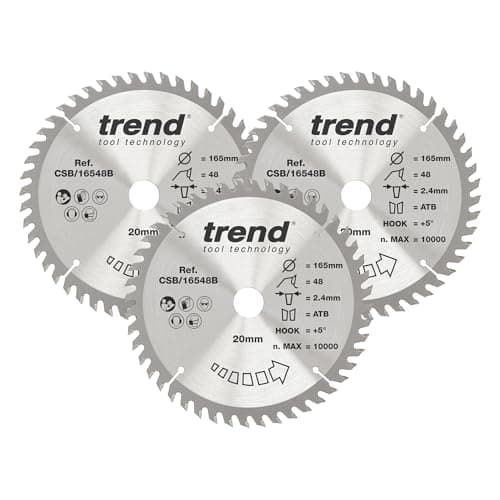 Image of Trend Wood Circular Saw Blades, 165mm Diameter, 20mm Bore, 48 Teeth, 2.2mm Kerf, +15° Hook, TCT, Fine Finish, 3 Pack, CSB/165/3PK/A