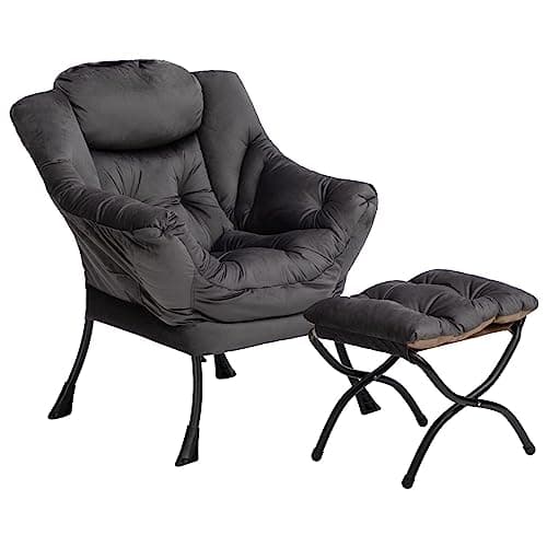 Image of HollyHOME Armchair with Footstool Comfy Chairs for Living Room & Bedroom Reading Chair Relax Velvet Arm Chair Lounge Chairs with Steel Frame, Dark Grey