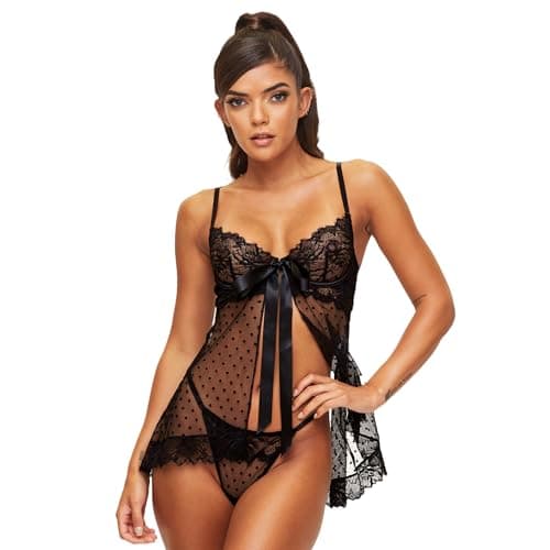 Image of Ann Summers Bon Bon Babydoll Set – Babydoll Lingerie for Women with Matching Thong, Underwired Cups, Satin Bow & Front Fastening - Genuine Womens Lingerie Set Black