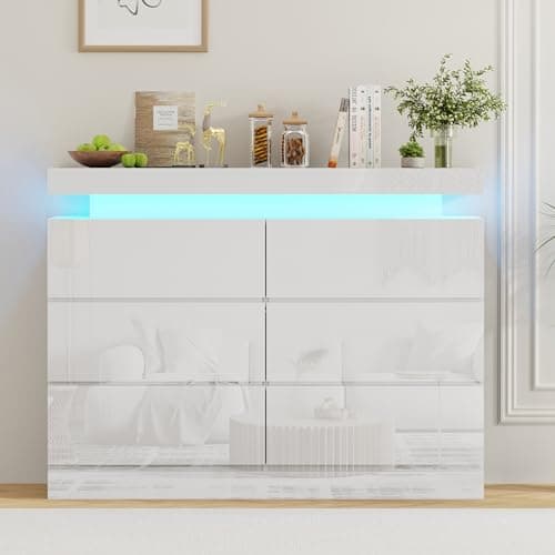 Image of BSTSEL White High Gloss Chest of Drawers, 6/8 Drawers Chest, Large Storage Space for Living Room and Bedroom Bedside Table Cabinet with 16 Colours RGB Lights (6 Drawers White High Gloss)