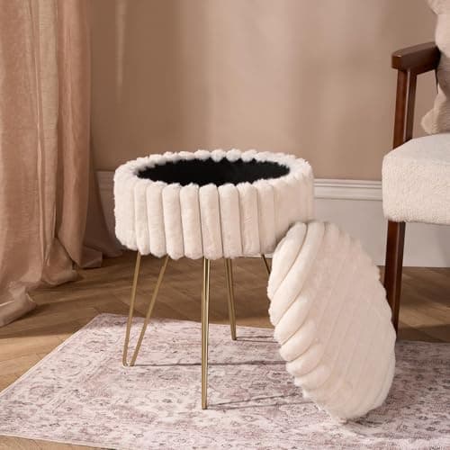 Image of OHS Dressing Table Chair Faux Fur Ribbed Vanity Chair with Gold Hairpin Legs Stylish Storage Ottoman Bedroom Chair Storage Stool for Home Living Room Foot Stool, Cream